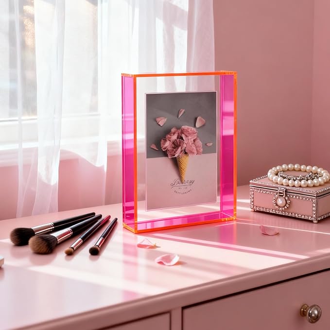 8x10 Acrylic Picture Frame Neon Floating Photo Frame for Wall Mount and Tabletop Decorative in Gallery Home Office, Neon Pink
