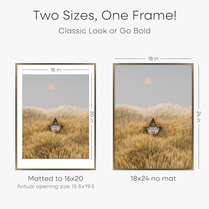 Homeforia Picture 18x24 Bronze Frame, High End Metal 18x24 Brass Poster Frames with Mat 16x20 for Photo, 18 x 24 Frame Matted to 16 x 20 Print, 24x18 Hanging Frames, Tempered Glass, Wall Kit, Set of 2