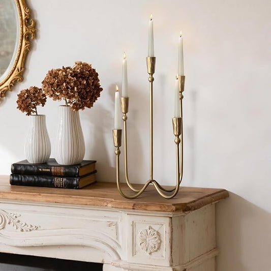 Large Iron Candelabra Centerpieces for Tables, 17.7'' Tall Taper Candle Holders, Vintage Brass Gold Candlestick Holders, Antique Fireplace Mantel Decorations for Living Room, 5 Arms