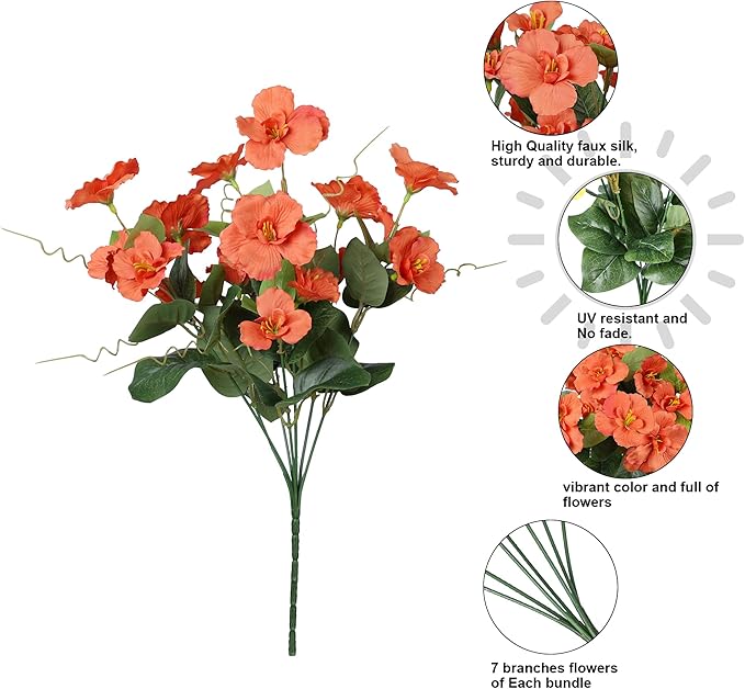 Hibiscus Artificial Flowers Plants for Outdoors Decoration, 6 Bundles Silk Tropical Flowers Artificial Realistic UV Resistant Fake Flower for Outside Planter Porch Patio Balcony (Yellow Orange)