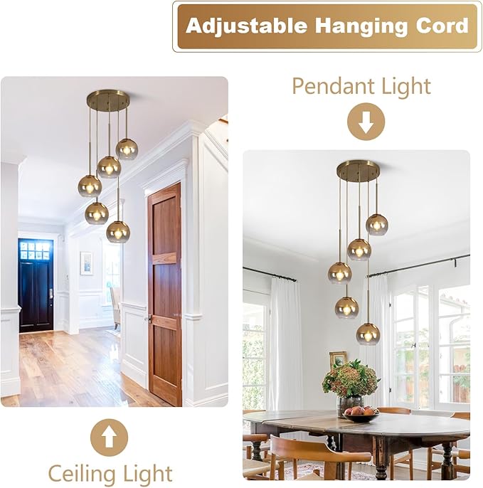 KCO Lighting 5 Light Cluster Pendant Light Gold Glass Pendant Light Mid Century Modern Dining Room Light Fixture Round Cluster Pendant Light Large Globe Chandelier Light Fixture