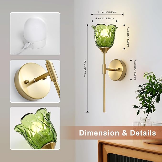 2 Pack Vintage Battery Operated Wall Sconce with Green Glass Lampshade, Wireless Rechargeable Battery Powered RGB Wall Light with Remote Control, for Bedside Bedroom Doorway
