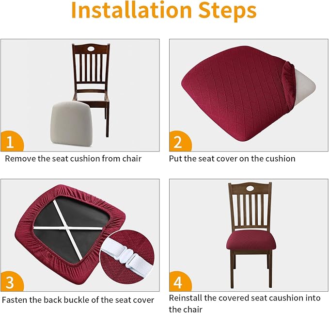 Fuloon Stretch Chair Seat Covers 6 PCS, Removable Washable Dining Chair Covers Anti-Dust Dining Room Seat Cushion Slipcovers (6, Burgundy)