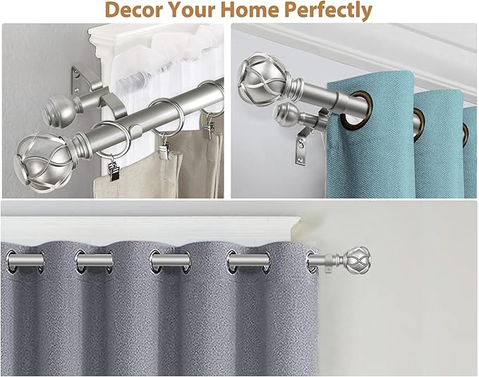 KAMANINA 1 Inch Double Curtain Rods for Windows 140 to 195 Inches (12-16 Feet), Silver Heavy Duty Double Curtain Rod, Telescoping Drapery Rod with Netted Texture Finials