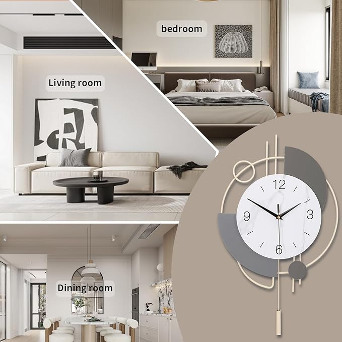 Decorative Silent Quartz Wall Clock with Pendulum, Large for Living Room, Kitchen, Bathroom, Bedroom - 13x21.65in(Beige)