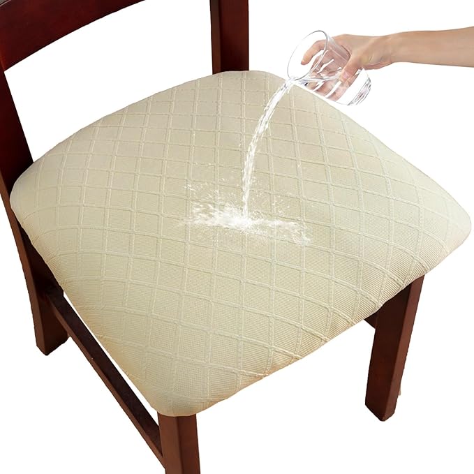 Waterproof Chair Seat Covers Set of 4 for Dining Room, Stretch Removable Washable Dining Chair Seat Slipcovers for Home, Restaurant, Banquet,Kitchen Chair Seat Cushion Protector(Beige, Large)