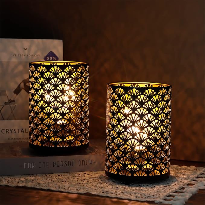 TRIROCKS Set of 6 Table Lamp 6.5'' Tall Metal Cordless Table Lamp Bronze Lanterns with Warm Fairy Lights Bulb for Patio Garden Wedding Parties Indoor Outdoor(Scalloped Hollow Pattern)