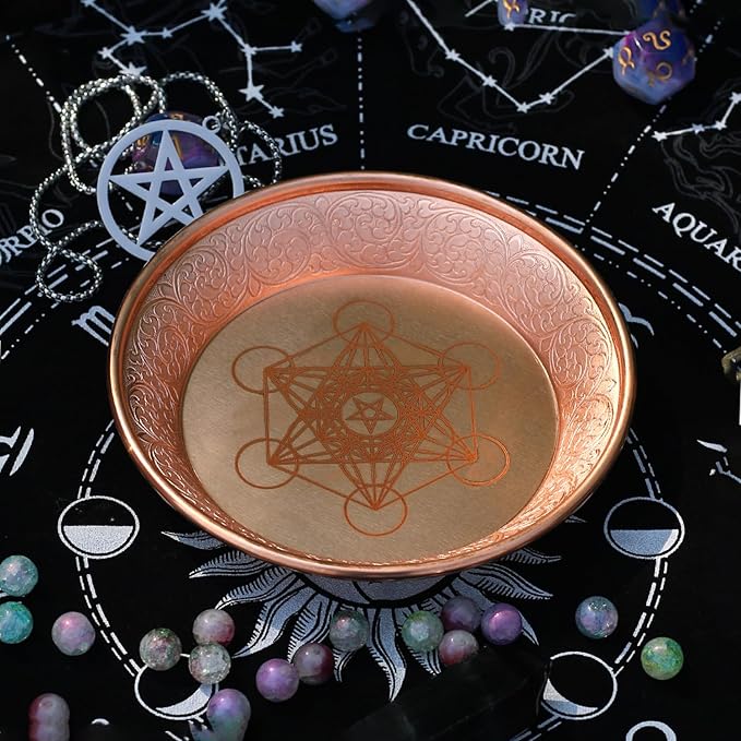 Copper Offering Prayer Ritual Bowl - Carving Metatron Brass Decorative Plate Great for use Witches,Smudging, Incense Burner Holder,Candle Dish, Ash Catcher,Jewelry Dish,Keys Basket