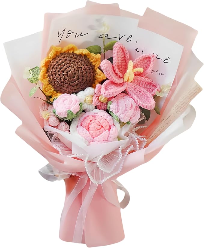 LOEVEN Crochet Flowers, Crochet Flower Bouquet, Crochet Sunflower, Tulip Roses Handmade Knitted Flowers, Carnation, Preserved Flower for Mother's Day, Valentine's Day, Birthday, Graduation (Pink)