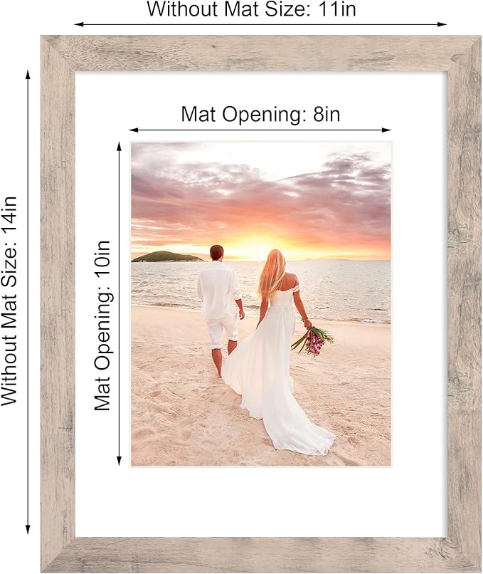 iRahmen 11x14 Picture Frame Set of 4 with Tempered Glass, Smoke Gray Frame Display 8x10 Pictures with Mat or 11 x 14 Without Mat, Wood Rustic Photo Frames for Horizontal or Vertical Wall Mounting