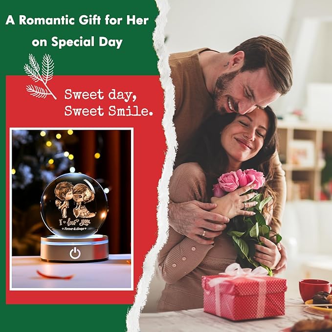 IFOLAINA Romantic Christmas Couple Gifts for Wife Girlfriends I Love You Gifts for Her Anniversary Birthday Valentines Day 3D Crystal Ball Night Light Glass Globe Decorative Decor