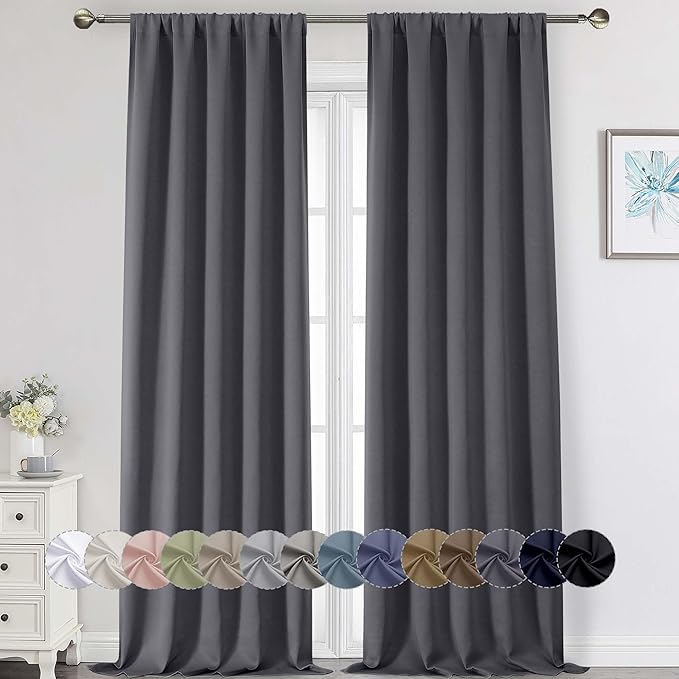 Extra Long Grey Blackout Curtains for Bedroom Living Room 108 Inches Long 2 Panels, Soft Solid Room Darkening Thermal Insulated Window Treatments, Rod Pocket Curtain, 50" Wx108 L