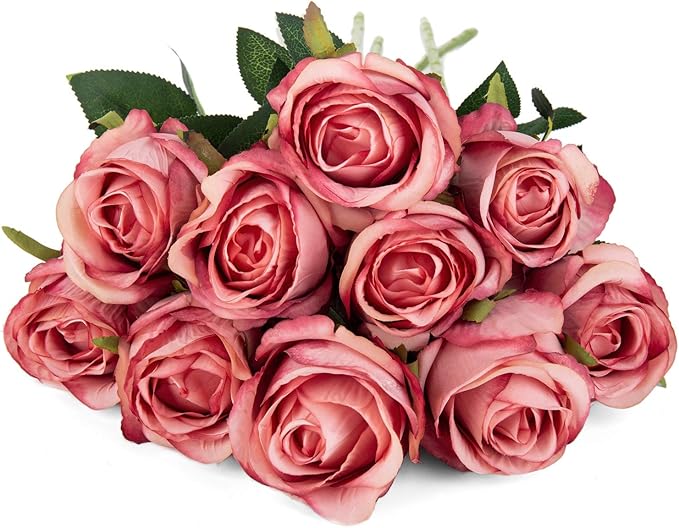 Flojery 10pcs Artificial Rose Flowers Long Stem Fake Silk Roses for DIY Wedding Bouquet Table Centerpiece Home Decor (Rose Red)