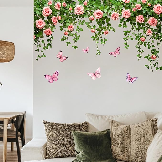 Rose Vine and Butterfly Wall Decals Stickers — Elegant Pink Roses and Flying Butterflies Removable Vinyl Wall Decor for Living Room, Bedroom, Office, Garden Theme Decoration
