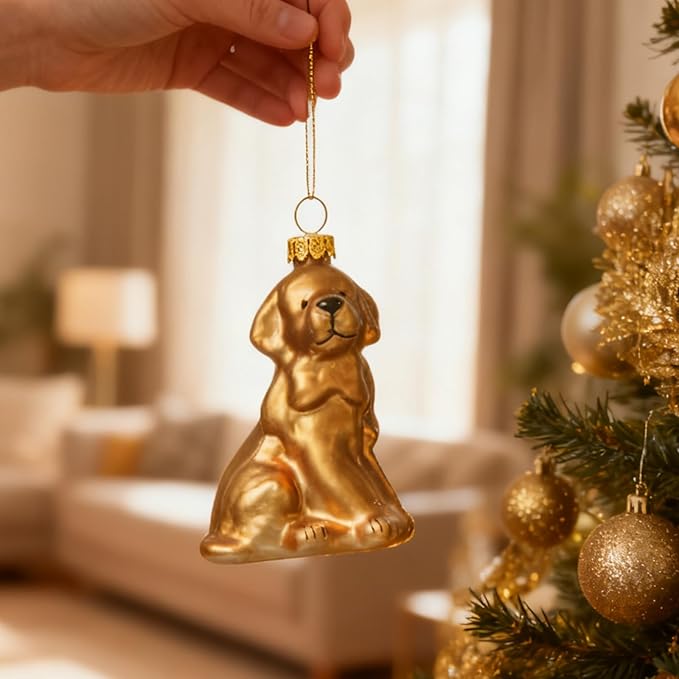 WDS WONDROUS Dog Ornament Christmas Tree Decor - Glass Animal Ornament, Cute Gold Christmas Hanging Ball Decor, Small Xmas Ornaments for Tree Winter Holiday Decor Gift(2.55”)