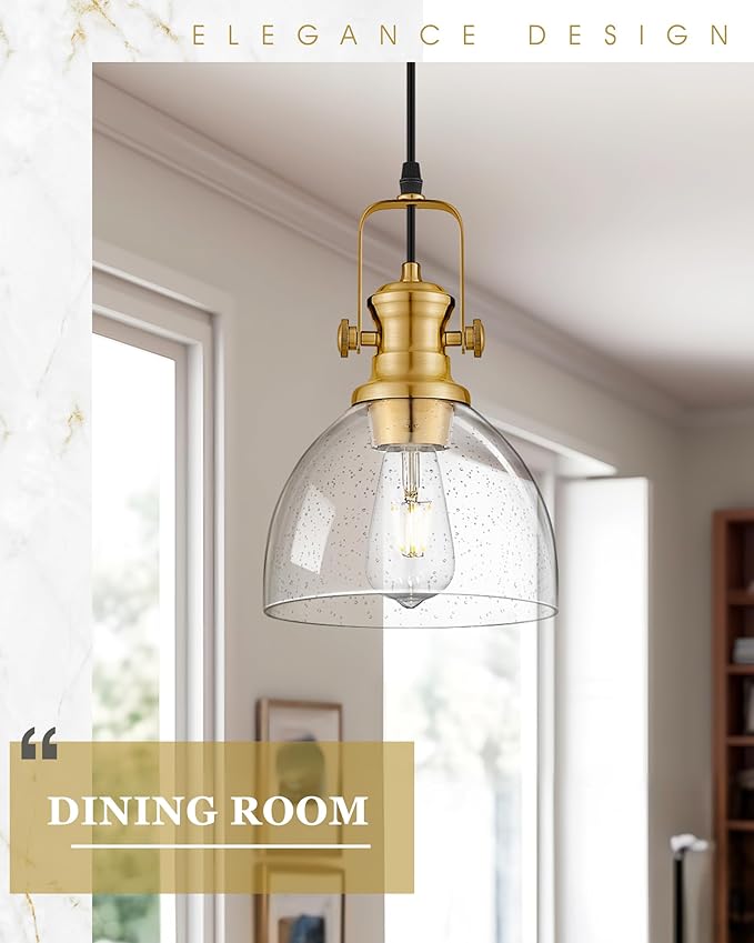 Pendant Lights Kitchen Island 2 Pack, 7.5" Farmhouse Pendant Lighting with Clear Seeded Glass Shade, Vintage Hanging Light Fixtures for Dining Room, Brushed Gold, AD-22151-1P2-GD