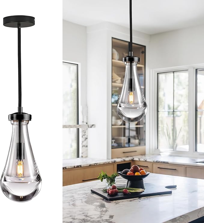 Raindrop Pendant Light, Black Glass Pendant Lighting, Hand Blown Teardrops Modern Hanging Light for Entryway Foyer Stairway Kitchen Island Bedroom Dining Living Room Hallway