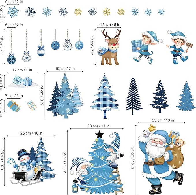 Decalmile Blue Santa Claus Christmas Window Wall Decals Pine Trees Reindeer Gnome Sticker Snowflake Snowman Clings Party Showcase Decorations