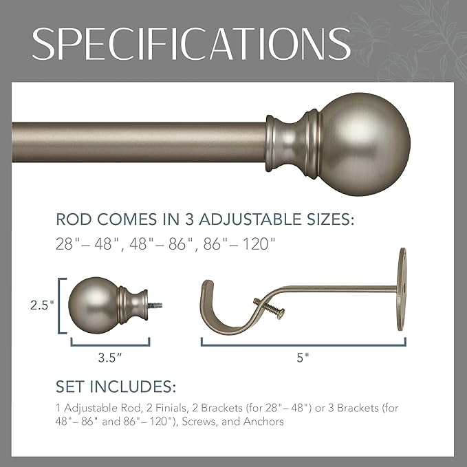 Elrene Home Fashions Cordelia Adjustable Single Curtain Rod with Globe Ball Finials, 1 Inch Diameter, Polished Nickel, 86-120"