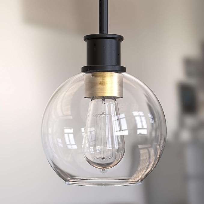 Black and Gold Pendant Light, Modern Globe Pendant Light, Island Pendant Lights with 6.5 inch Clear Globe Glass Shade for Kitchen Island, Hallway, Entryway, Dining Room, Bedroom