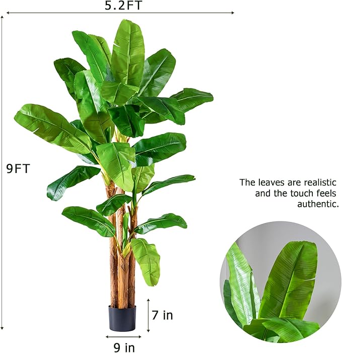9FT Artificial Banana Tree Tall Fake Banana Leaf Plant Faux Banana Silk Tree Faux Banana Leaves for Home Swimming Pool Indoor Outdoor Patio Tropical Decor