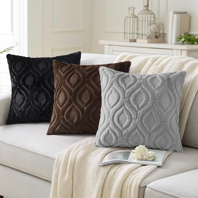 decorUhome Throw Pillow Covers 16x16 Inch Set of 2, Soft Plush Faux Wool Black Solid Couch Pillow Covers, Accent Farmhouse Neutral Square Pillow Cases for Sofa Bed Living Room