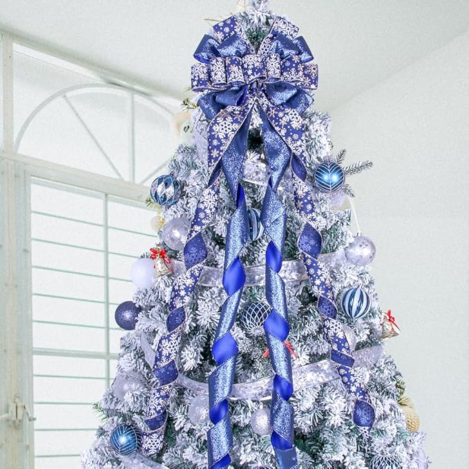 Christmas Tree Topper Wreath Bow Large Christmas Bow Tree Topper 52"x13" Dark Blue Snowflake Patterned Gift Bows for Xmas Holiday Home Wedding Thanksgiving Indoor/Outdoor Decoration