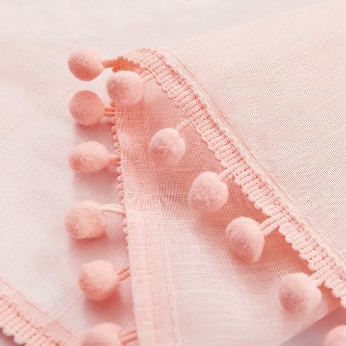 Treatmentex Blush Pink Pompom Sheer Curtains for Bedroom 84" Linen Textured Window Drapes for Living Room Kids Room 2 Panels 52" w