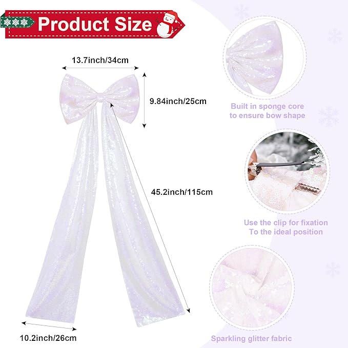 PartyDelight Christmas Tree Topper Bow Decor Large White Iridescent Sequin 16x47 Inchs Ribbon Tie Detachable Bow for Dress Xmas Birthday Party Room Decorations Coquette Backdrop Decors