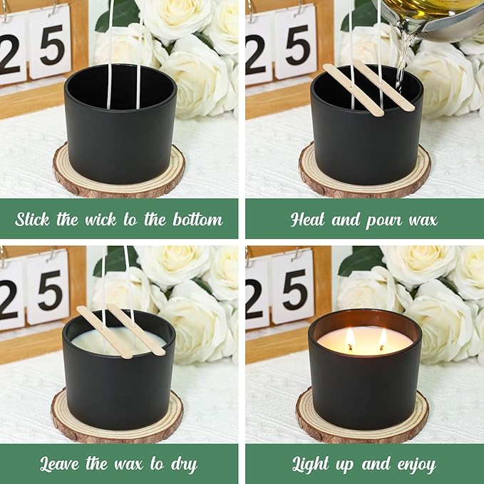 12oz Candle Jars, 8 Pack Large Black Glass Empty Candle Jars for Candle Makings with Bamboo Lids and Wick Kit, Multiple Wick Wide Mouth Candle Container Bulk, Ideal for Candle Business