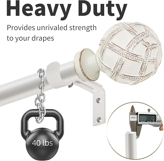 Single Curtain Rod for Windows 48 to 84 Inches(4-7ft): 1 inch Diameter Adjustable Curtain Rod, Heavy Duty Curtain Rod with Netted Texture Finials, Size:36-88(weathered white)