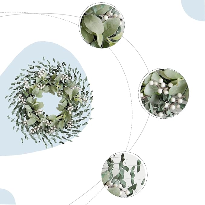 Bibelot Greenery Leaves Boxwood Wreath for Front Door, 22 Inch Green Wreath with White Berries & Lambs Ear, All Season Wreaths for Indoor Outdoor Home Decor