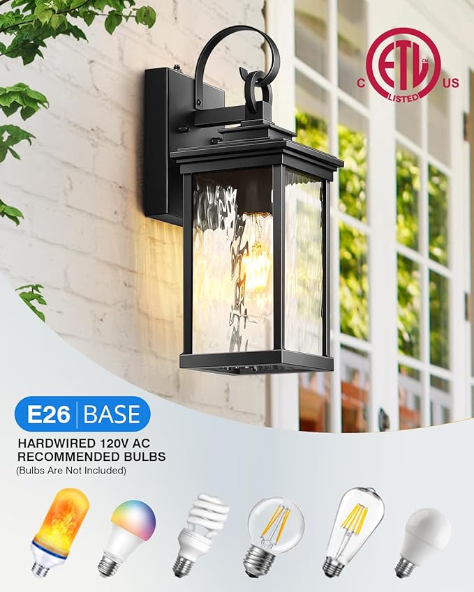 VIANIS Black Outdoor Wall Sconce, 2 Packs Outdoor Porch Lights for House, Modern Exterior Light Fixtures Wall Mount Lantern with Water-Ripple Glass, Waterproof Outside Garage Lighting for Coach
