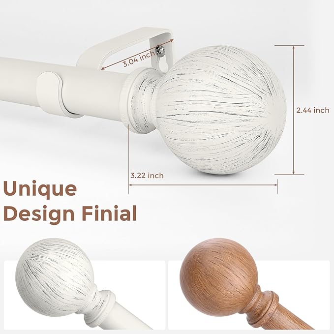2 Pack Antique White Curtain Rods for Windows 30 to 56 Inch, 1 Inch Boho Decorative Vintage Drapery Rod with Antique White Finials, Adjustable Heavy Duty Rustic Farmhouse Metal Curtain Pole