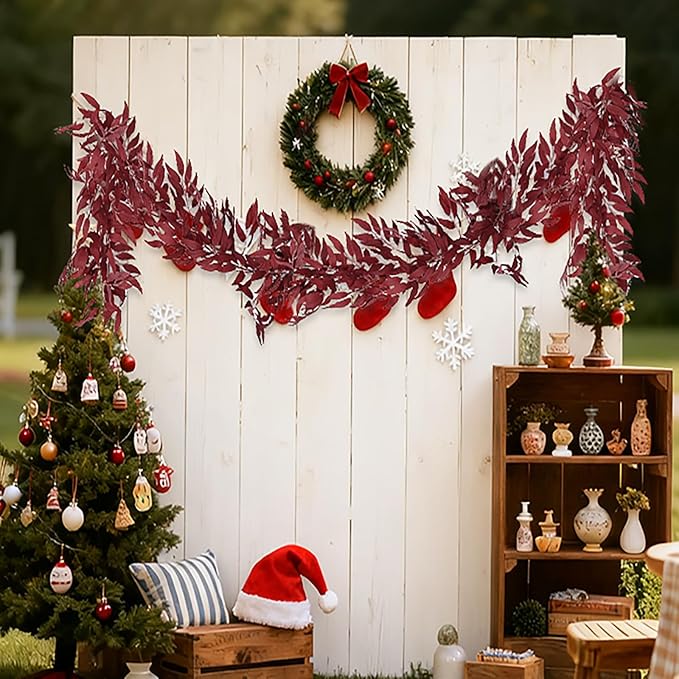 RECUTMS Artificial Hanging Willow Leaves Vine Twigs 2Pcs 5.7Ft Fake Silk Burgundy Leaf Ivy Fall Garland Faux Greenery Indoor Outdoor Valentines Day Wedding Birthday Christmas Thanksgiving Party Decor