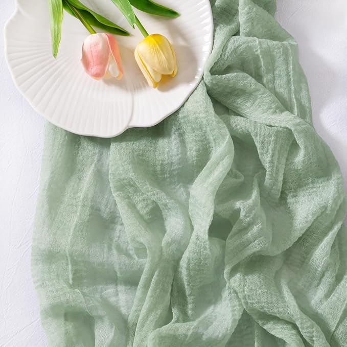 Socomi Sage Green Cheesecloth Table Runner Gauze Valentine's Day 120 Inch Rustic Boho Cheese Cloth Runner for Wedding Party Baby Bridal Shower Centerpiece Decoration Holiday Home Decorations