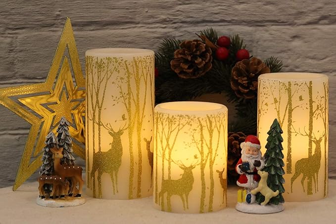 GenSwin Flickering Flameless Candles Battery Operated with 6 Hours Timer, Real Wax Led Pillar Candles Deer Decal Warm Light, Pack of 3 Christmas Home Decor