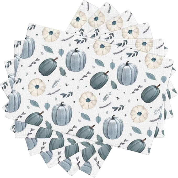 Watercolor Pumpkin Placemats, Vintage Blue Autumn Leaves Harvest Plants Pumpkins Thanksgiving Table Mats for Holiday Indoor Outdoor Home Party, 6PCS