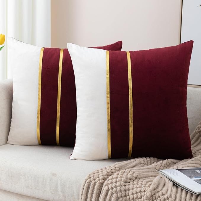 ZLINA Set of 2 Velvet Decorative Throw Pillow Covers Red White Patchwork with Gold Leather Pillow Covers 18 × 18 Inch Cushion Covers Decor Living Room Sofa Bedroom Car