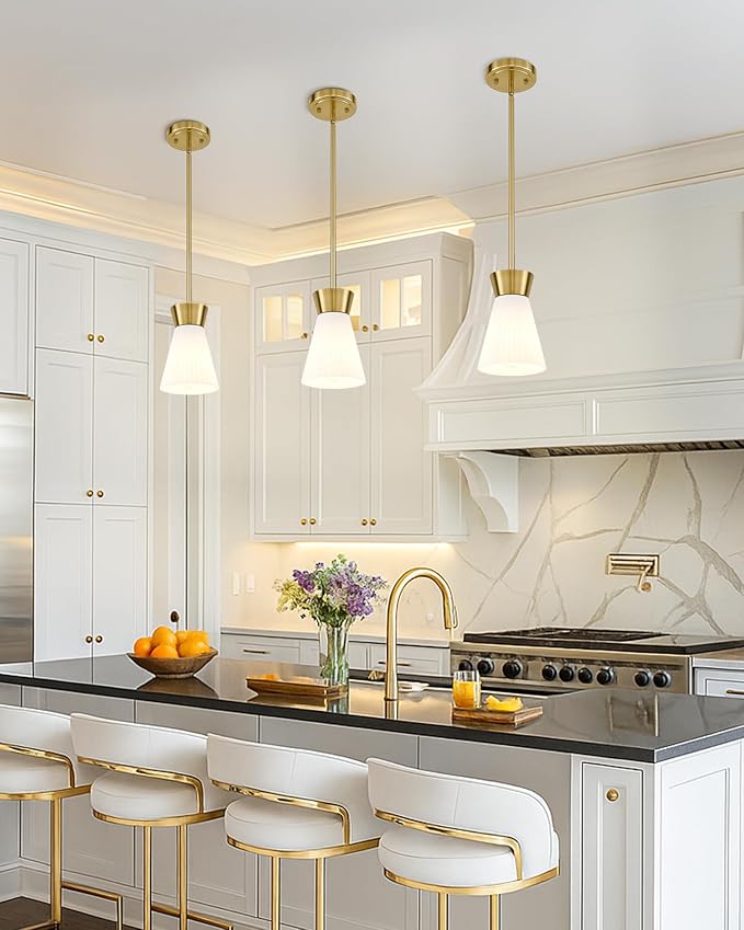 2 Packs Modern Pendant Light Fixtures, HWH Kitchen Island Lighting for Living Rooms, Dining Room, Hanging Light with Milk White Striped Glass, Gold Finish, 5HZG107MIL-2PK BG