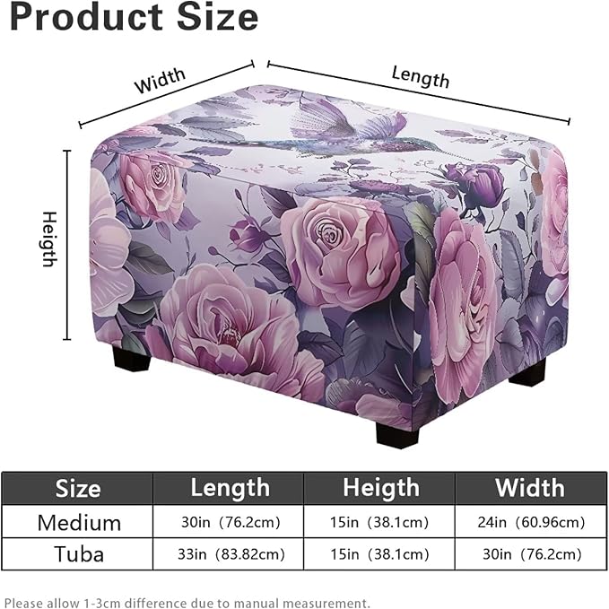 Rose Hummingbird Rectangle Chair Cover Washable Small Ottoman Slipcover 30x24x15 Inch Easy to Install Folding Storage Footstool Protector Ultra Stretch Dust Cover for Foot Stool