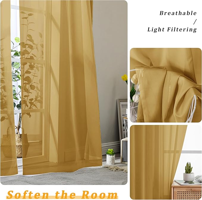 Gwine Gold Sheer Curtains for Living Room 45 inches Long, Short Voile Light Filtering Window Treatments Sheer Curtains for Bedroom, Half Window Drapes with Rod Pocket, Each 42" Wx45 L