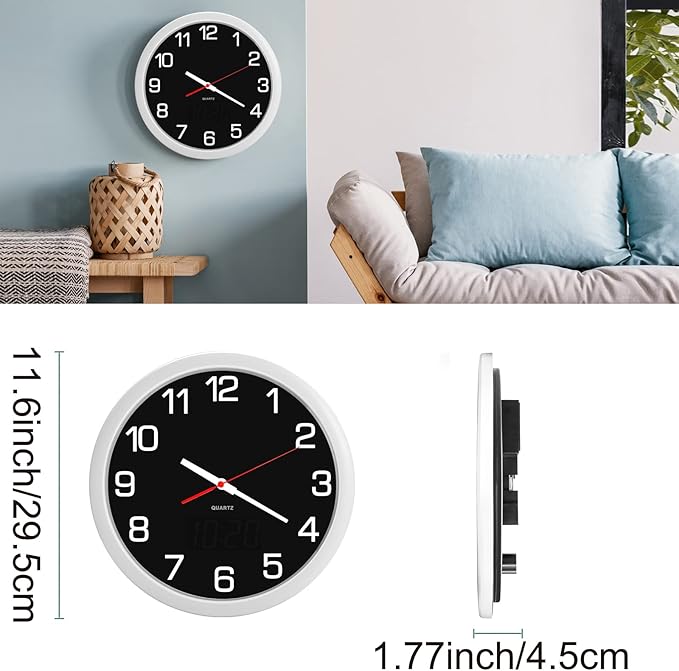 Night Light Wall Clock Battery Operated with LED Display, 12 Inch Silent Non-Ticking Quartz Wall Clock for Bedrooms, Classroom, Kitchen, Living Room