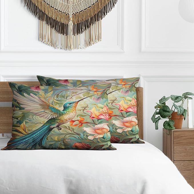 Hummingbird Pillow Protectors with Zipper Standard Size William Morris Pillow Covers Set of 2 Vintage Spring Floral Bird Pillowcases Chinoiserie Rustic Botanical Bed Pillow Covers 36"X20"