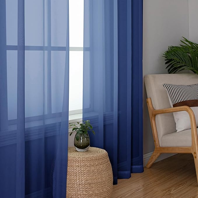 Lecloud Royal Blue Sheer Curtains 96 Inches Long 2 Panels, Farmhouse Voile Sheer Curtain for Windows, Soft Rod Pocket Transparent Curtains for Living Room Large Windows, Each Panel 42 X 96 Inch