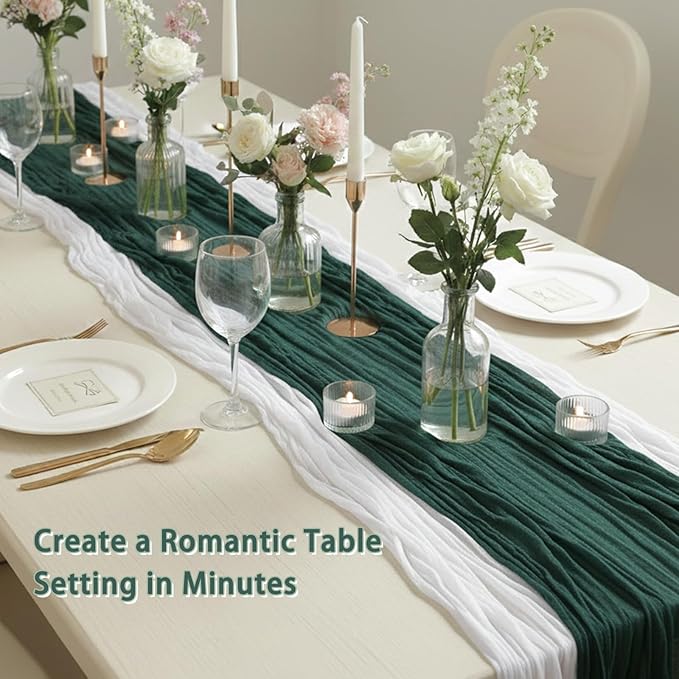 Cheesecloth Table Runner 2 Pack White and Dark Green, Boho Gauze Table Runner 10Ft 120 Inches Long for Wedding Decor, Party & Home Table Decoration