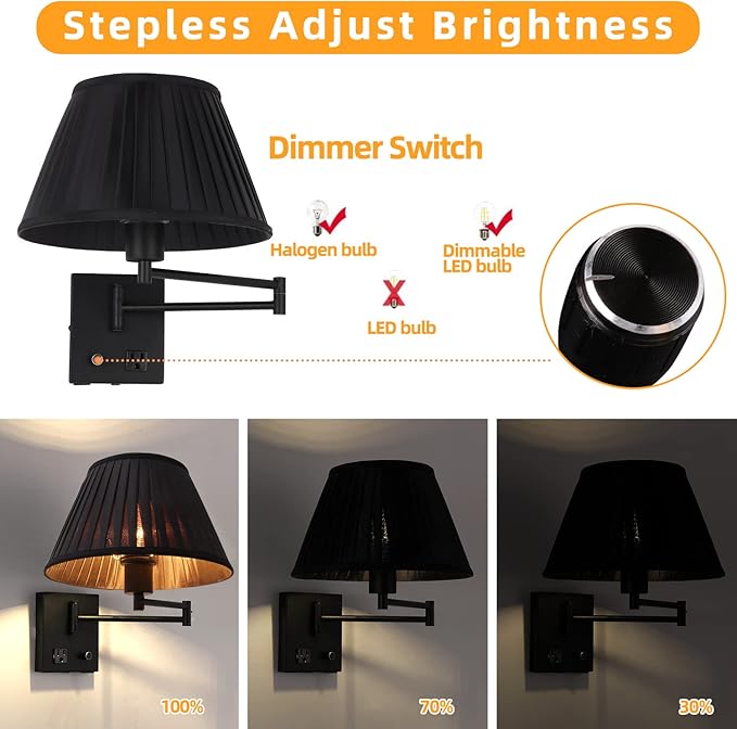 Plug in Wall Sconce 17" Swing Arm Wall Lamp with Plug in Cord and Dimmable Switch Black Sconces Lighting with USB Port and AC Outlet Wall Mounted Lamp Suitable for Bedroom Living Room Hallway.