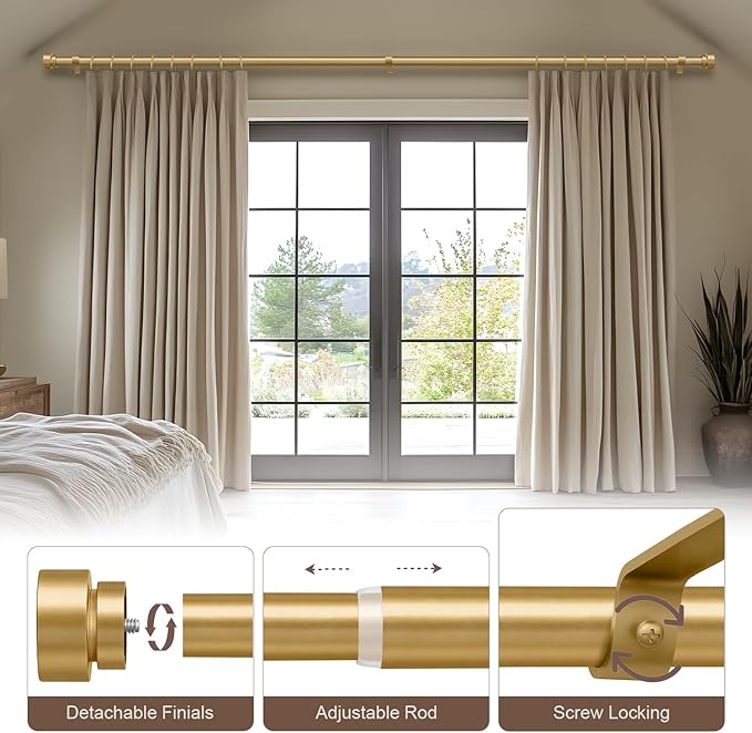Modern Gold Curtain Rods for Windows 48 to 84 Inches Adjustable Length Heavy Duty 1" Diameter Window Curtain Rod with Decorative Finials for Outdoor Bedroom Kitchen Living Room