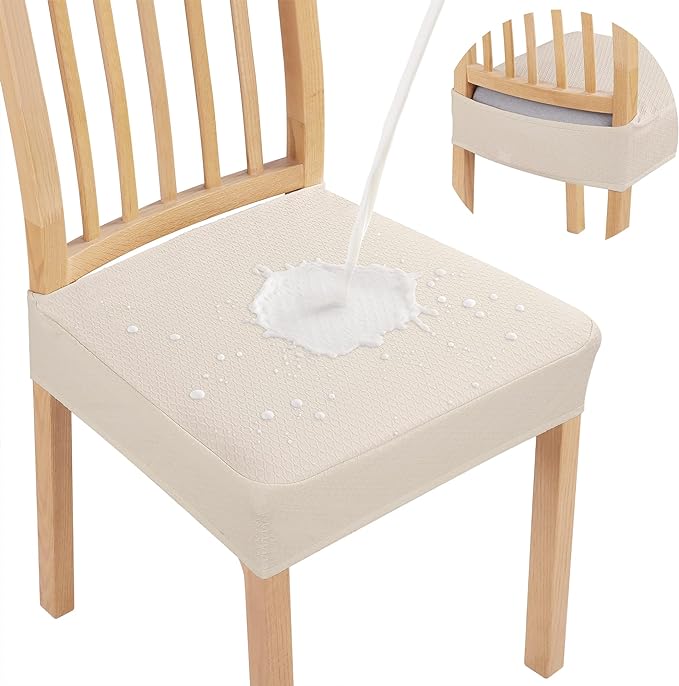 Smiry Waterproof Seat Covers for Dining Room Chairs Set of 8, Stretch Jacquard Removable Washable Chair Seat Slipcovers Protector, No Rear Covers, Beige