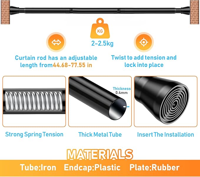 2 Pack Black Shower Curtain Rod 43 To 73 Inch Tension Shower Rod For Bathroom 7/8" Adjustable Spring Curtain Rod No Drilling Black Spring Rod Tension Curtain Rods for Windows Doorway Closet